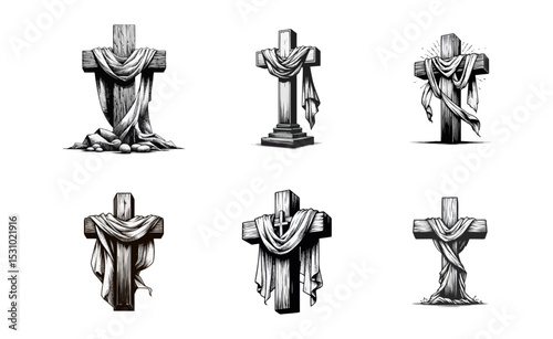 wooden cross draped with cloth simple minimalis modern engraving style black and white