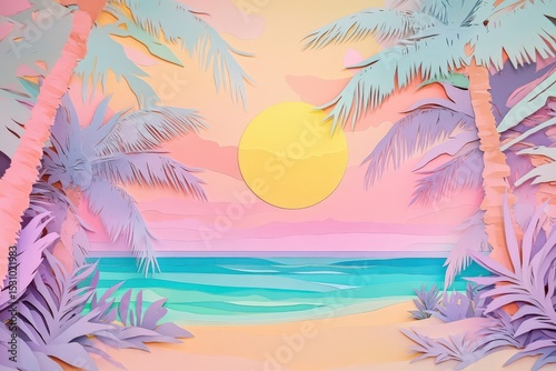 Colorful paper cutouts of tropical scenery.