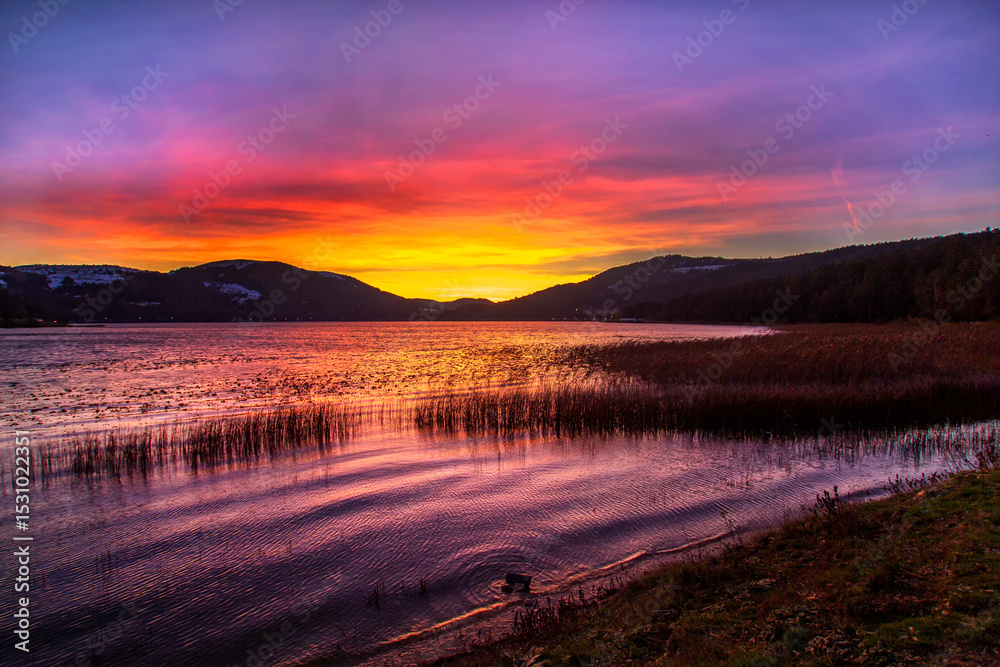 Fototapeta premium a stunning sunrise or sunset over a calm lake with vibrant colors reflecting on the water, perfect for backgrounds representing nature's beauty and tranquility worldwide