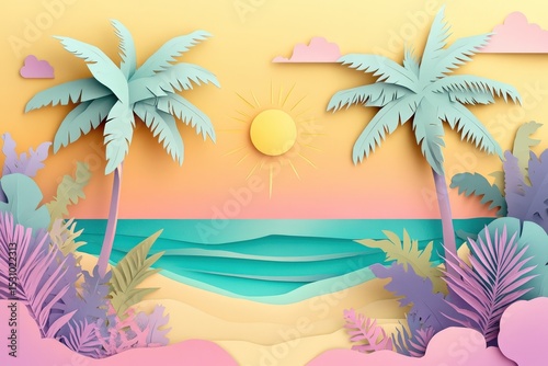 Colorful paper cut beach scene with palm trees.