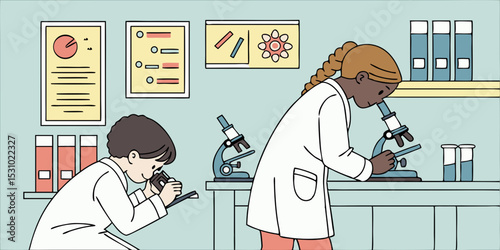 Kids or adults in lab coats, using microscopes vector illustration with greenish background.