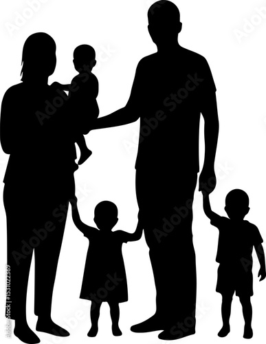 A silhouette family of four, including a man and woman and two children, are holding hands