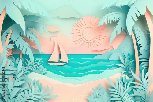 Pastel-toned paper cut-out tropical beach scene.
