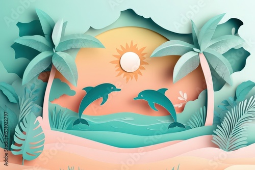 Paper art scene of dolphins leaping over a tropical beach.