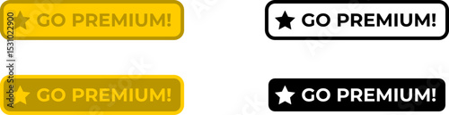 Go Premium Purchase UI Button Element for Game App and Web Design Gold and Black and White Color Icon Set. Vector Image.