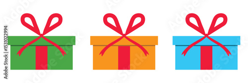  Gift Box Icon Vector Design, Colorful gift boxes set, Vector illustration of present boxes on white background representing holiday presents or special occasion surprises. 
