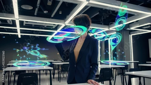 Female Adult Engaging with Virtual Holographic Interface in Futuristic Classroom                     