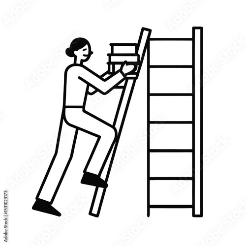 A cheerful figure climbs a ladder carrying books in a simple black and white outlined art illustration