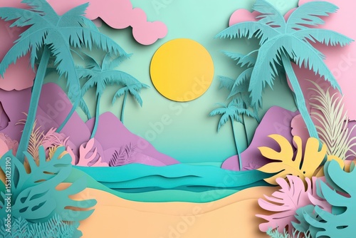 Colorful paper cut tropical beach scene.