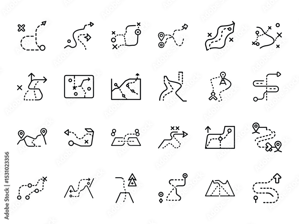 Naklejka premium Set of minimalist iconography depicting navigation route and directional signage