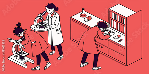  Kids or adults in lab coats, using microscopes vector illustration with red overview.