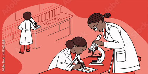  Kids or adults in lab coats, using microscopes vector illustration with red overview.