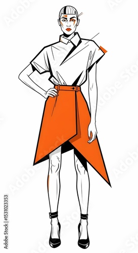 Stylized Fashion Illustration of Woman in Orange Wrap Skirt and White Top