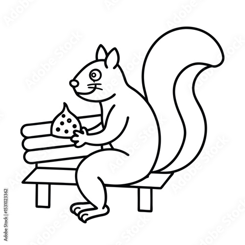 A happy squirrel enjoying a nut on a bench in minimalist outline art style