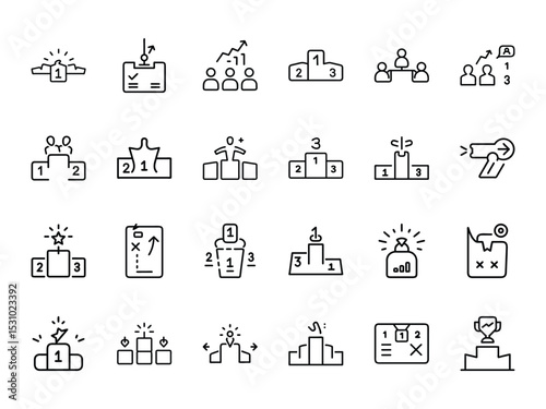 Icon set of prize winning podium trophy and achievement graphics
