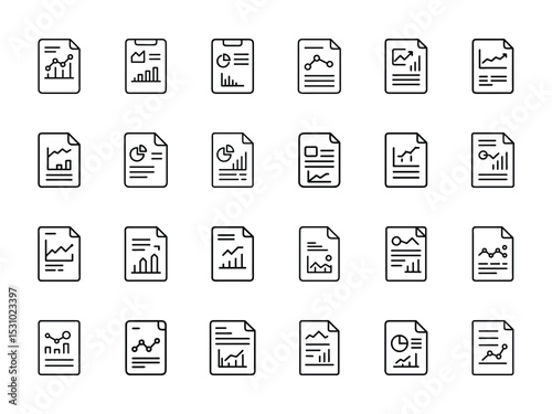 Collection of business report icons presenting charts and data analysis for financial planning and strategy