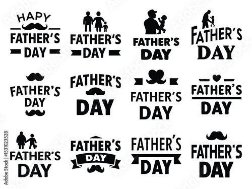 Father's day icon set black and white designs with mustaches and family silhouettes