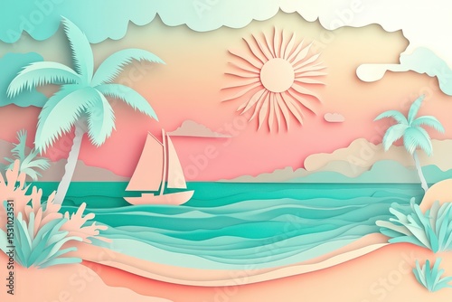 Pastel paper cut out tropical beach scene with sailboat.