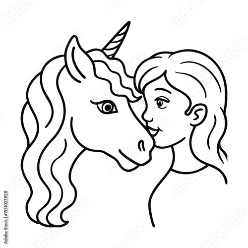 A young girl affectionately nuzzling a magical unicorn friendship and love in a simple outline