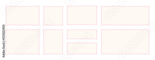 Set of pink wavy rectangular stamp borders with corrugated edges. Aesthetic pastel doodle frame textbox collection.