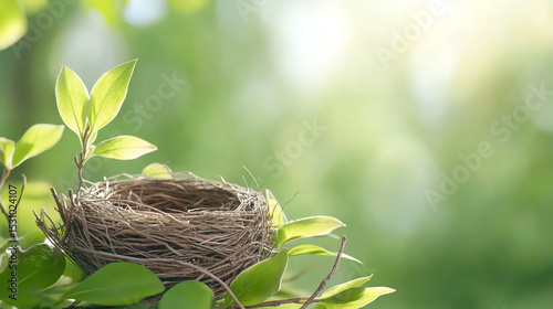 A serene bird's nest nestled among lush green leaves, symbolizing nature's beauty and the tranquility of wildlife.