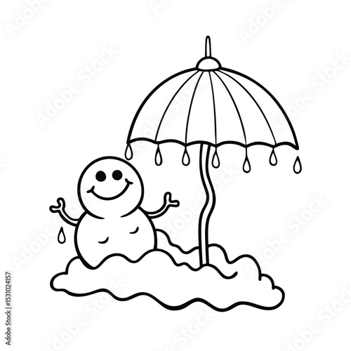 Adorable cartoon snowman wearing an umbrella while it is raining black outline art