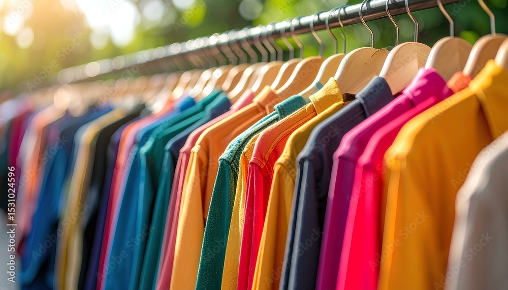 Fototapeta premium colorful clothes on hangers in the market