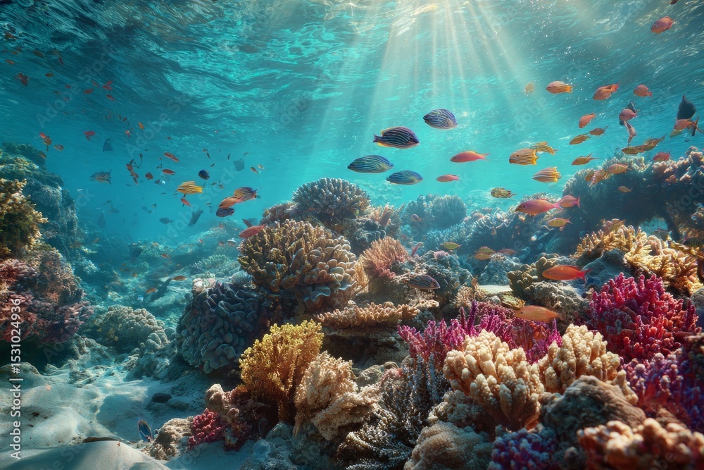 Obraz premium Vibrant coral reef underwater with colorful fish swimming peacefully 