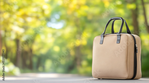 A stylish travel bag rests on a serene forest path, surrounded by vibrant autumn foliage, inviting adventure and exploration.