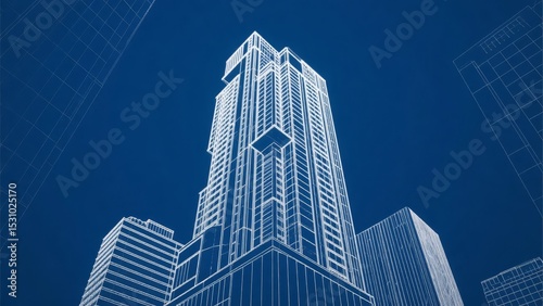 Blueprint-style illustration of a modern skyscraper against a deep blue background