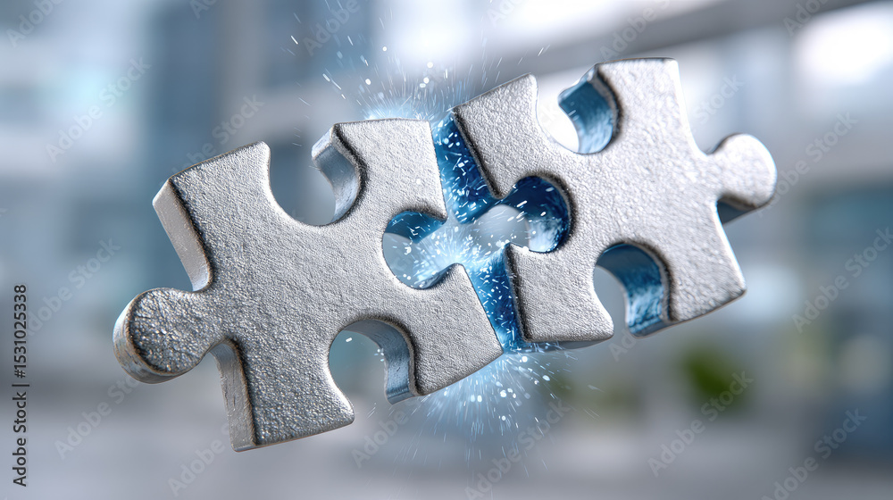 Fototapeta premium Dynamic puzzle pieces connecting in modern office space 3d corporate environment focused view collaboration concept for teamwork and problem solving