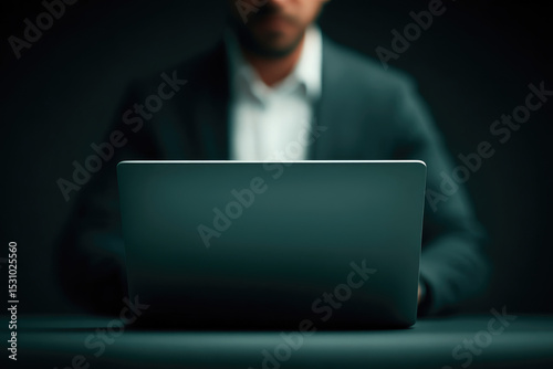 Focused professional working on a laptop in a darkened office space captivating scene modern environment high-quality image for business insights