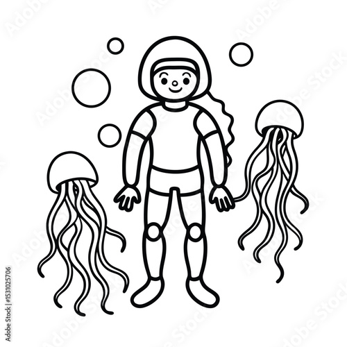 Astronaut exploring ocean life featuring happy person with jellyfish in black and white outline art