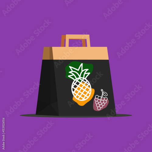 Colorful fruit-themed shopping bag showcasing pineapple and grape designs on a purple background