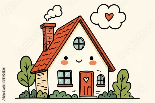 Cute cartoon house with a red roof, chimney smoke, heart-shaped door decoration, and a heart in the cloud, surrounded by green trees and bushes.