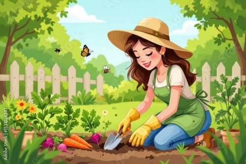A young woman in a straw hat and gloves happily gardening, planting vegetables in a sunny backyard with flowers, bees, and a wooden fence.