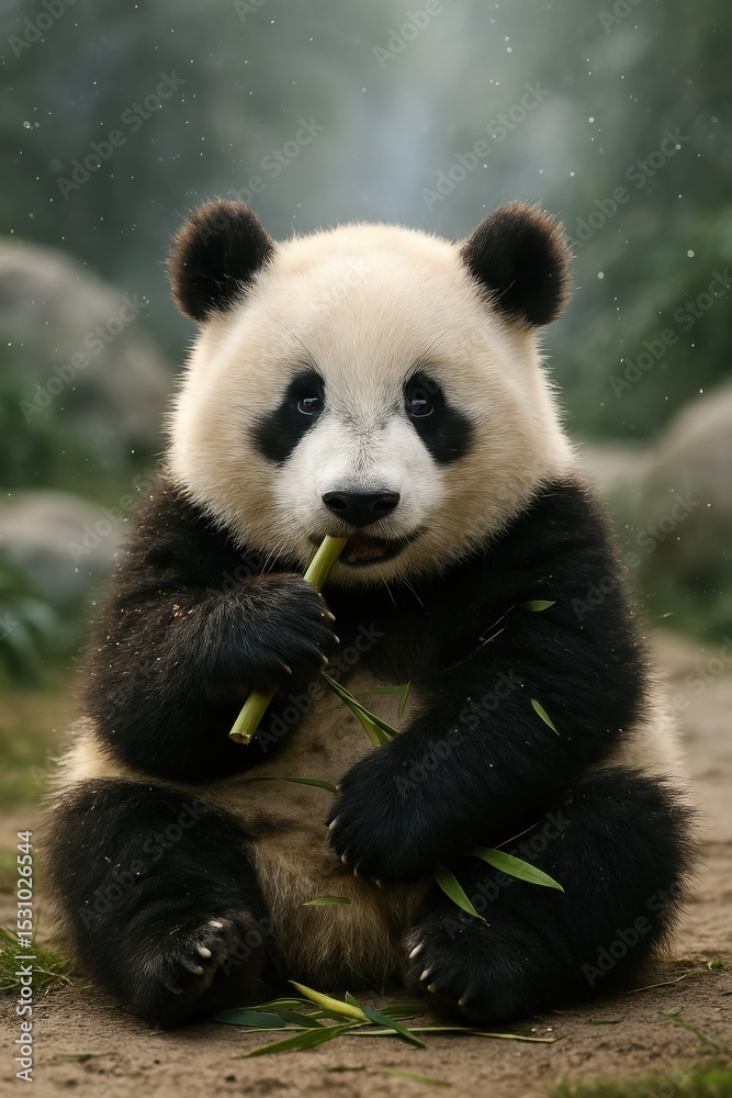 Obraz premium A young giant panda sits on the ground, holding and nibbling on bamboo leaves in a natural outdoor setting with blurred background.