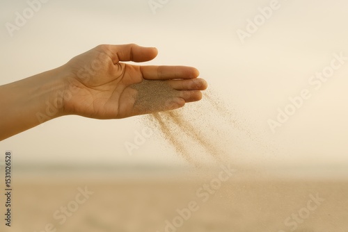 A hand gently releasing fine sand grains, with a blurred sandy background under soft light.