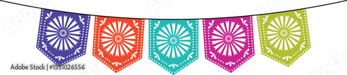 Mexican papel picado paper. Flags for holidays, weddings, parties, birthdays in Mexican style. Vector illustration isolated on transparent background.