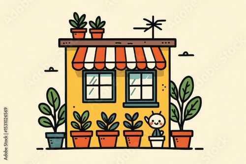 A cute yellow house with an orange-striped awning surrounded by various potted plants on the ground and rooftop, with a small smiling character in a pot.