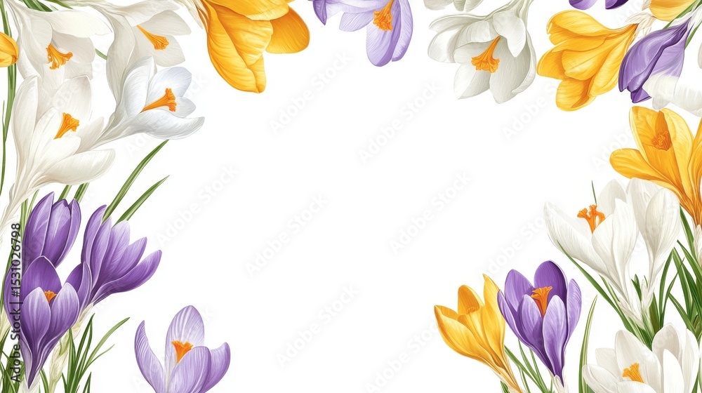 Obraz premium 14.A wedding invitation design featuring an array of colorful crocus flowers in vivid shades of yellow, purple, and white, delicately arranged in an elegant floral border on a pristine white