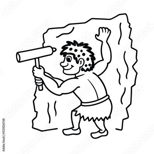 Cartoon caveman chiseling stone with hammer outline art for prehistoric age concept