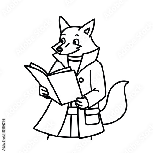 Cartoon fox character dressed in a coat reading a book in outline art style