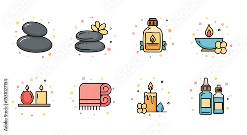 Spa and relaxation flat line icon set. Colorful graphic elements including massage stones, essential oils, and candles for wellness.