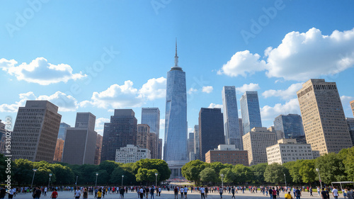 A shot of Lower Manhattan skyline with people at ground