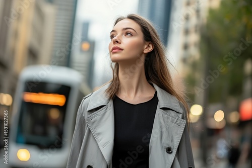 Woman looking upward on a city street.