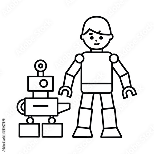 Cartoon outline art of humanoid robot and robotic companion side by side vector illustration
