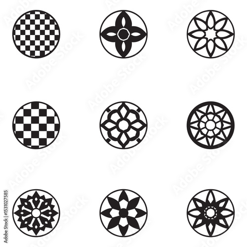 Nine circular geometric black and white mandala designs