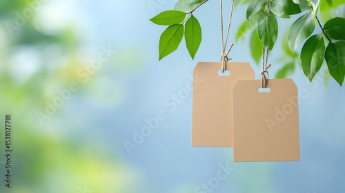Two blank tags hanging from green branches, perfect for labeling or crafting in a serene natural setting.