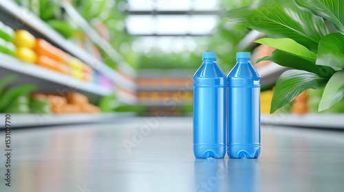 Two blue plastic bottles of water stand prominently in a grocery aisle, surrounded by vibrant greenery and a colorful product display.